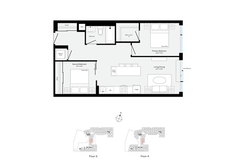 Floor plan for 2 beds, 1 bath, 724 sqft